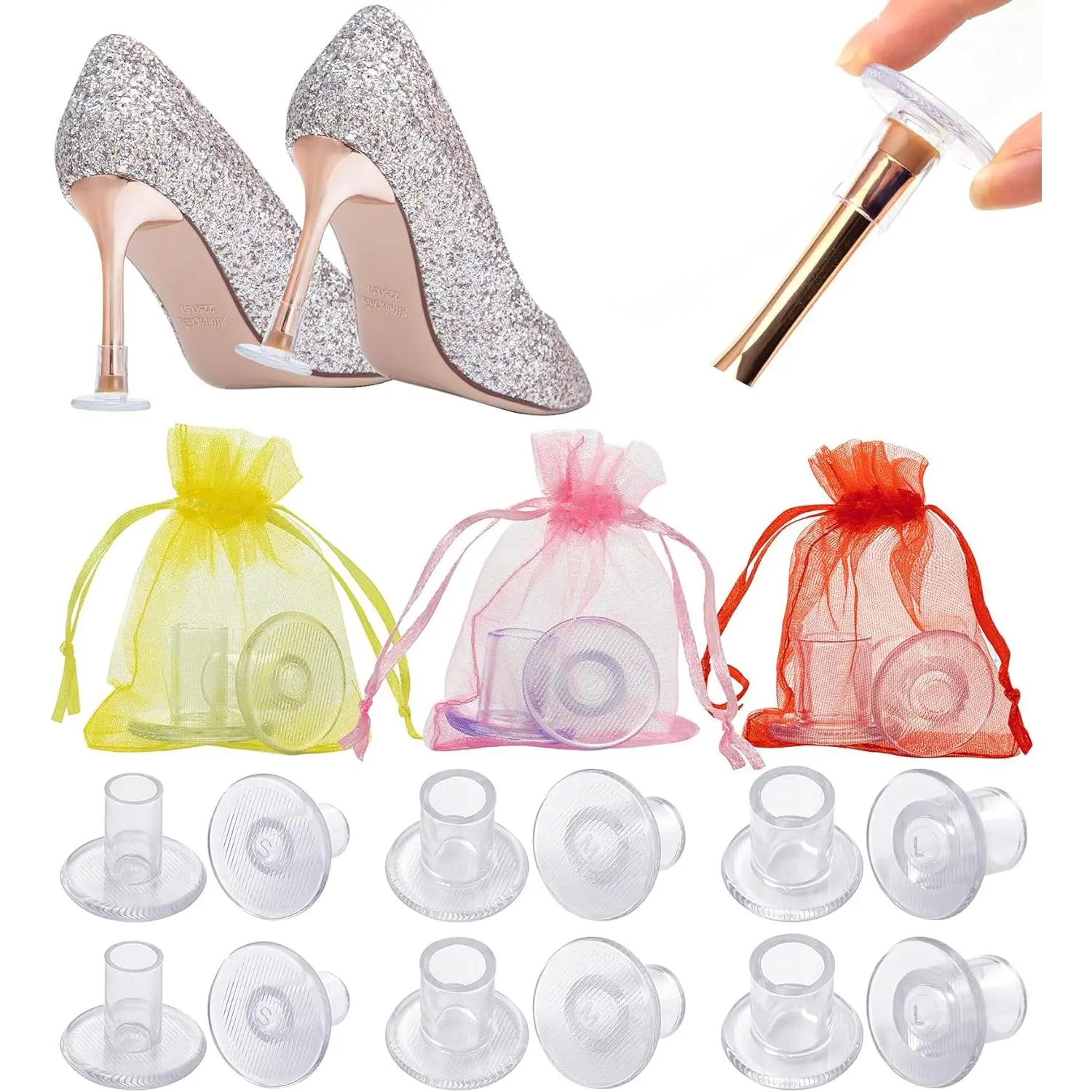6 Pairs 3 Sizes Clear High Heel Protectors Heel Stoppers for Walking on Grass and Uneven Floor