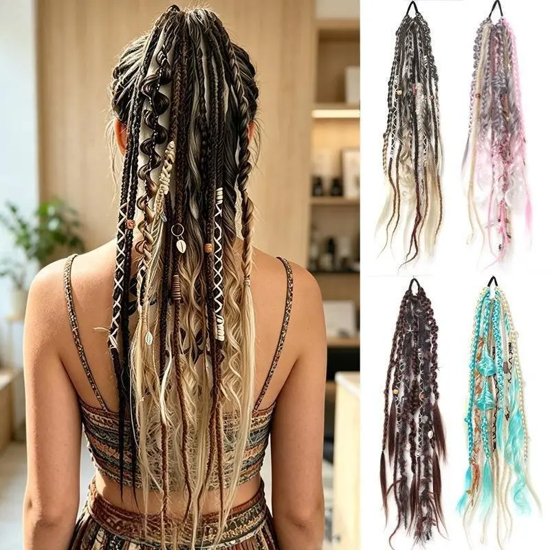 Bohemian Faux Locs Ponytail Extension, Unisex Hair Piece with Colorful Cord Accents, Lightweight, Tangle-Resistant Matte Fiber Braid for Festivals, All Seasons