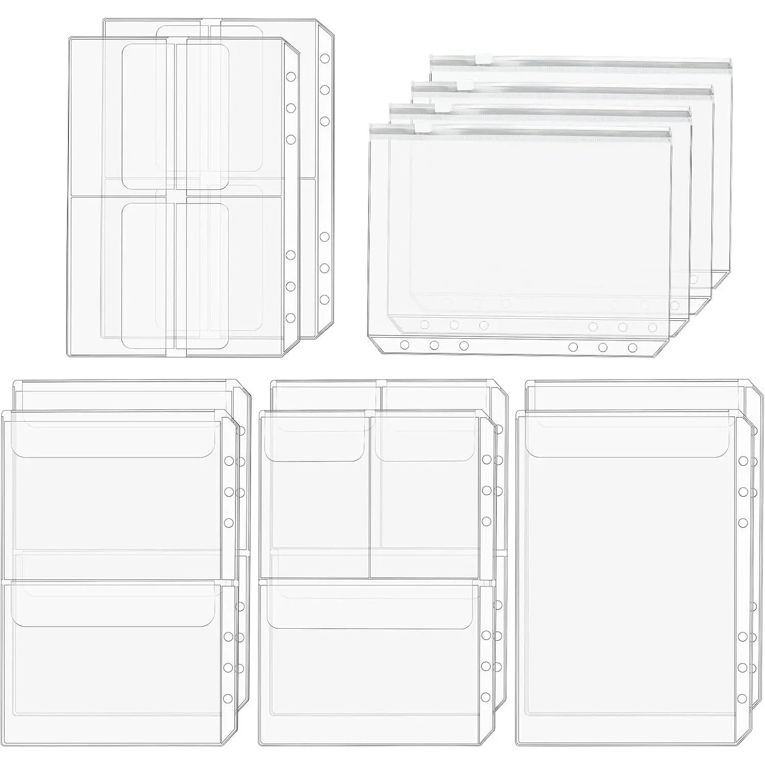Clear Binder Zipper Folders - 12 count A5 Size 6 Holes Binder Inserts, Document Filing Bags for 6-Ring Notebook Loose Leaf Bags