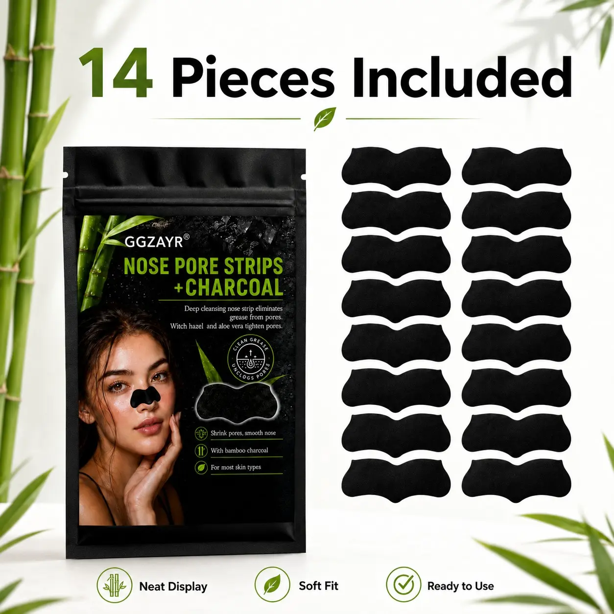 14Pcs Black Bamboo Charcoal Nose Strips, Flexible Easy-Apply Nose Pore Care Patches for Women and Men, Suitable for Home Skincare, Travel, Spa Nights, Sleepovers, Weekend Trips, Birthday Gift Bags, Holiday Parties and Daily Beauty Routines
