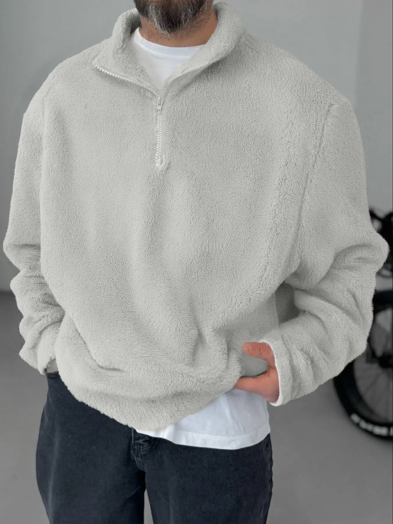 Men's Regular Fit Solid Color Fuzzy Jacket, Casual Comfy Sherpa Coat for Daily Outdoor Wear, Men Cloths for Fall & Winter, Tops