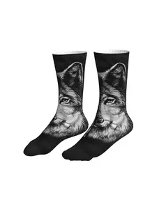 Black White Wolf Portrait Print Crew Socks Wild Animal Graphic Mid Calf Socks For Men Women Gothic Streetwear Casual Fashion Socks