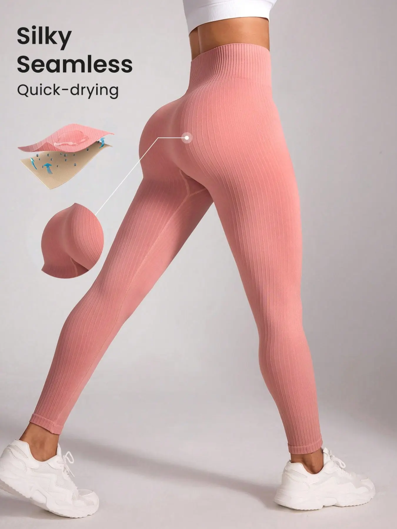 Women's Silky Seamless Ribbed High Waist Yoga Leggings - Quick-Dry Butt Lift Workout Pants for Gym Fitness Running