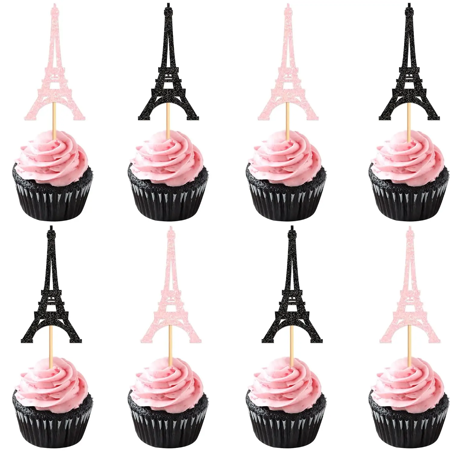 24 Pack Paris Party Cupcake Toppers Pink Black Paris Eiffel Tower Theme Cake Decoration Picks Romantic Eiffel Tower for Girls Birthday Romantic themes Party Decor Supplies