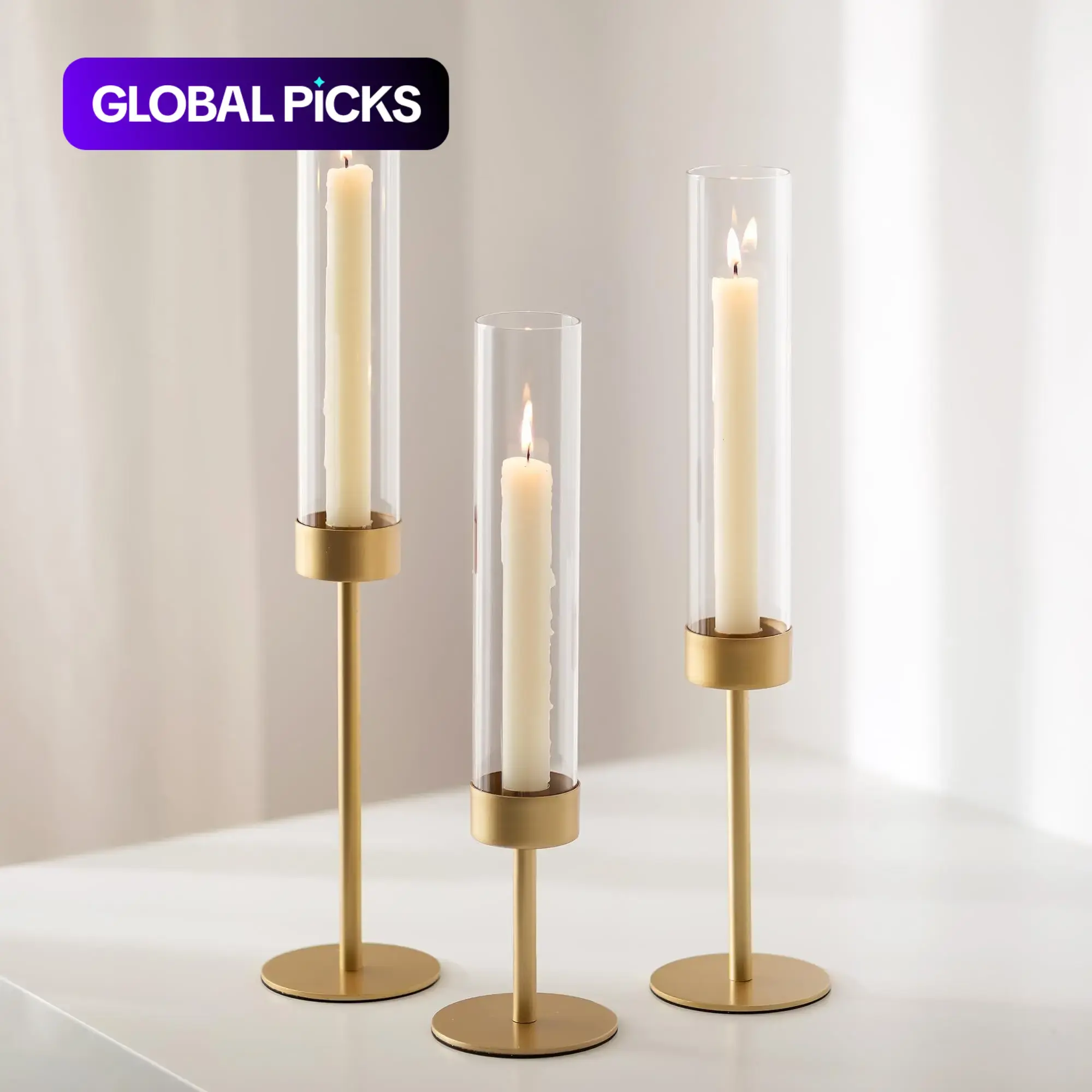 Golden Candlestick Holders with Windproof Glass Tube, 3 Sizes Tabletop Candle Stand, Candle Holders Table Centerpiece, Wedding & Dining Table Decor, Home Decoration, Bridal Shower, Holiday Party Prop #GLOBAL PICKS