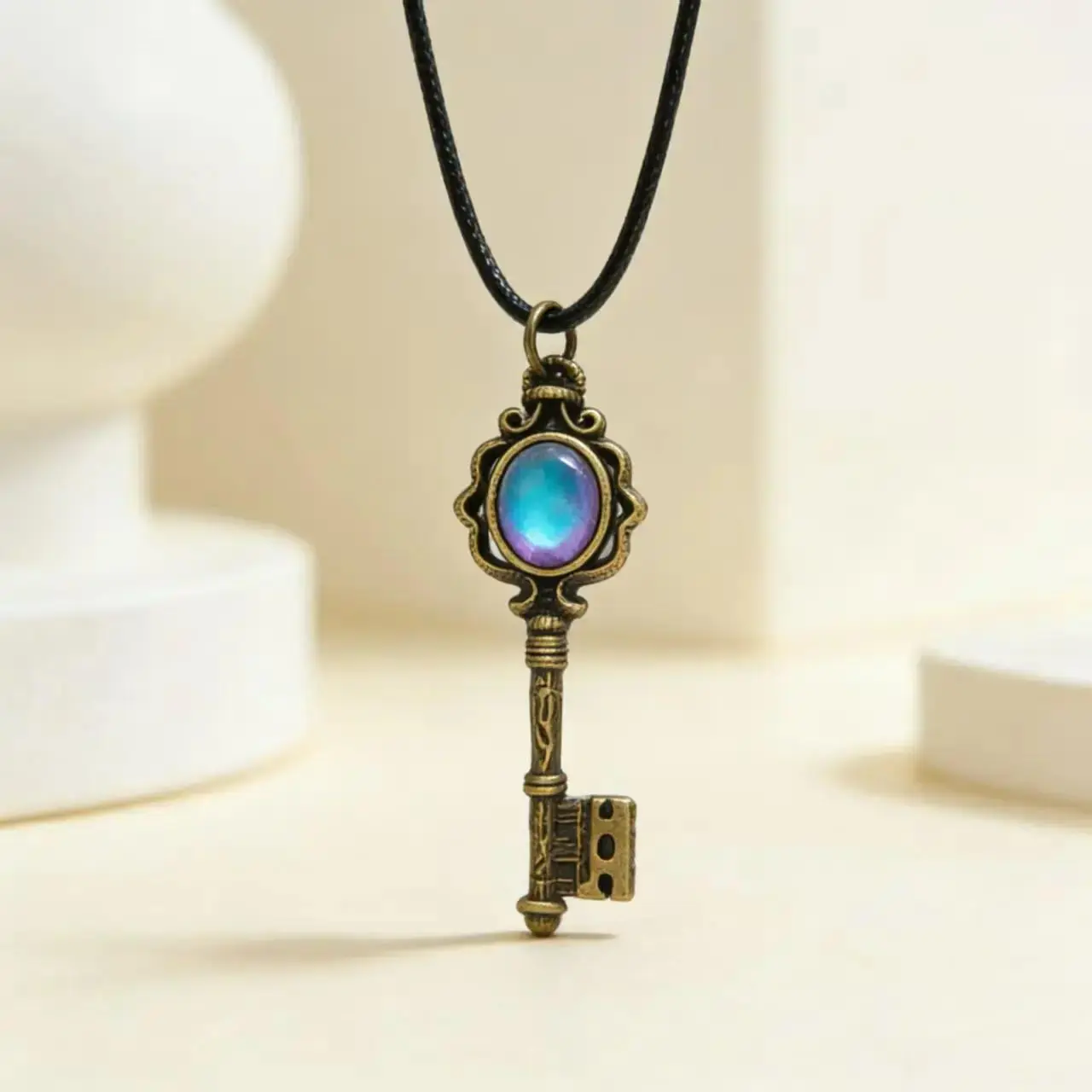 Key Shape Witchy Necklace Charm - Gothic Boho Divine Feminine Style, Adjustable Solid Copper Antiqued Bronze Finish, Color-Shifting Fluorite Chakra Amulet, Reiki Infused Healing Energy Unisex Vintage Petite Pendant, Daily Wear Gift Jewelry