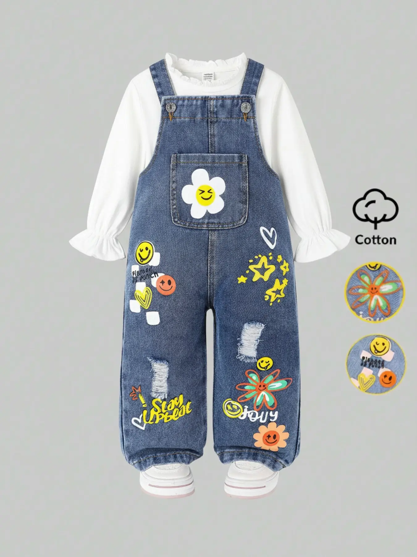 Girls' Adorable Cute Denim Overall Pants, Fun Cartoon Patchwork Design, Playful Details, Sunflower Pocket Detail, Loose Fit, Soft Cotton Fabric, Perfect for Daily Wear