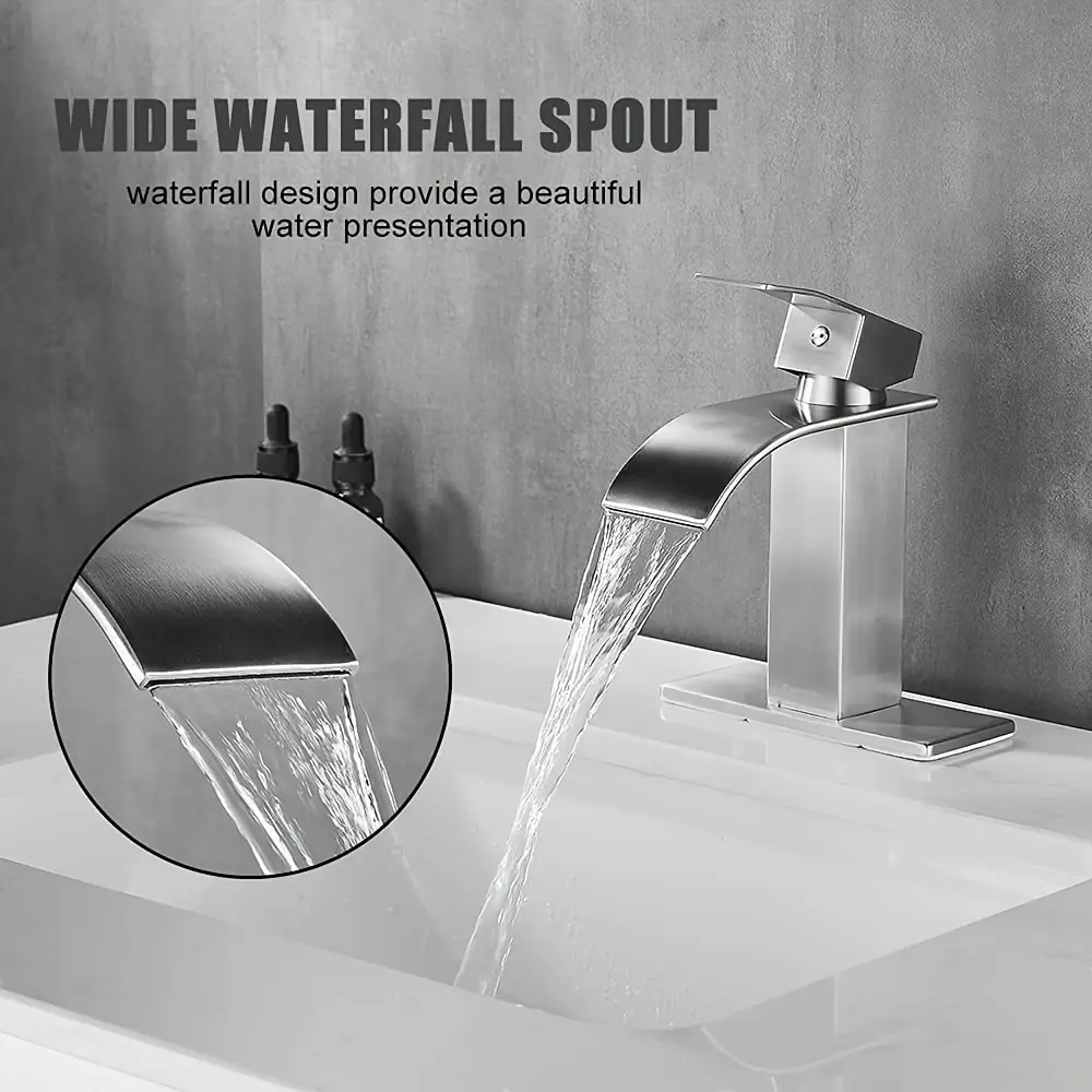 Waterfall Spout Bathroom Sink Faucet, Single Handle Stainless Steel Lavatory Vanity Tap with Matching Deck Plate, Compatible with 1 Hole or 3 Hole Sink Installation, Multi-Purpose Bathroom Faucet for Household and RV Use,travel,toothpaste sq,,si,,multiple