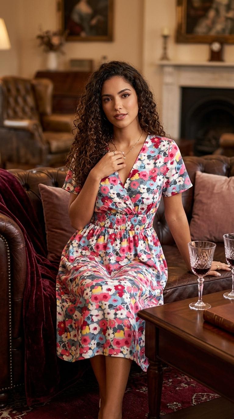 The Coralia Dress |       Midnight Mushroom Medley Summer Floral Print Short Sleeve Dress