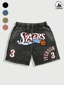 Vintage '76ers Iverson 3' Graphic Cotton Shorts, Fitted Waistband Drawstring, Washed Effect, Casual Streetwear Basketball Style