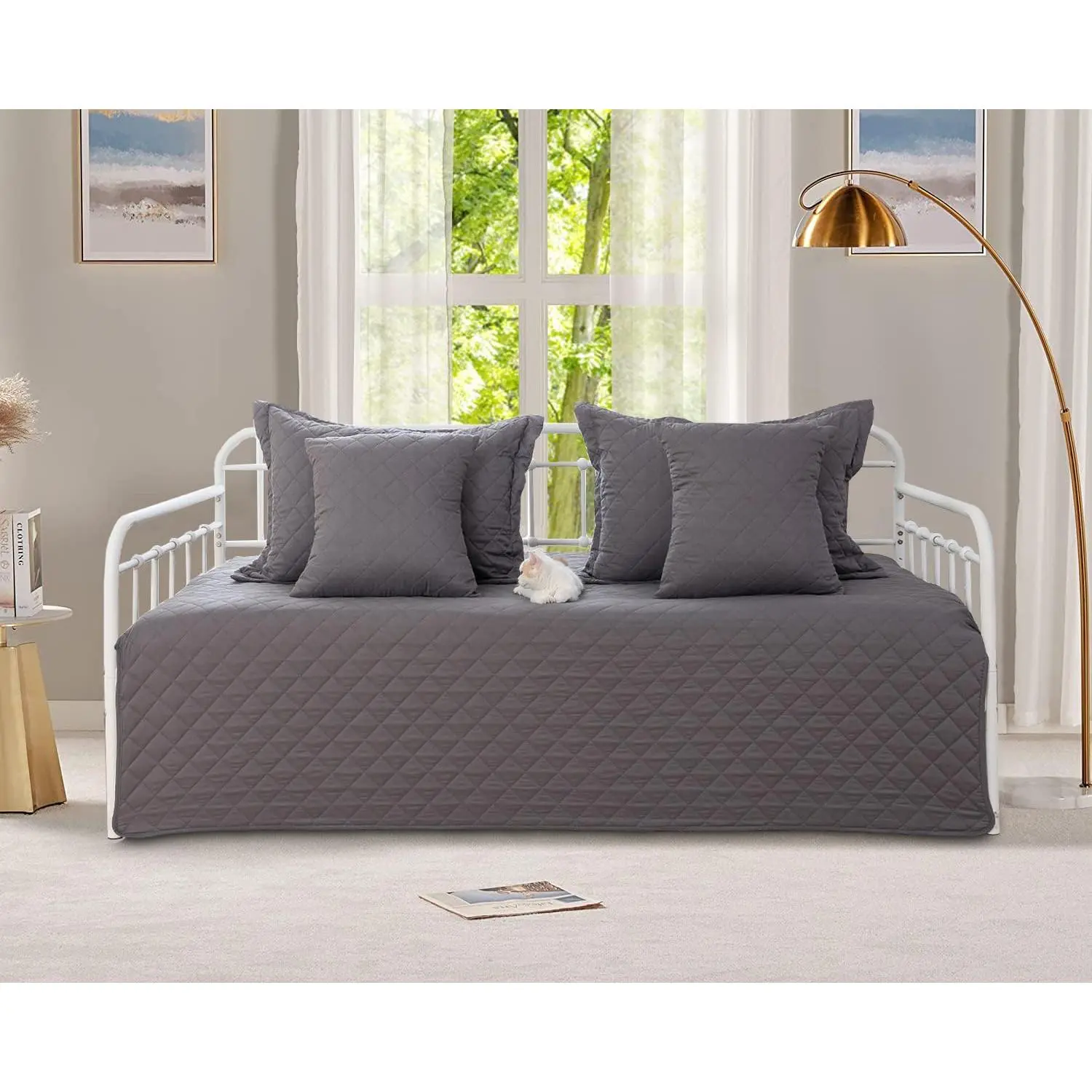 5-Piece Gray Twin Daybed Cover Set, Cozy All Season Double Sided Quilting Geometric Print Bedding Set, 39"x75" Comforter Bedspread with 4 Pillow Shams