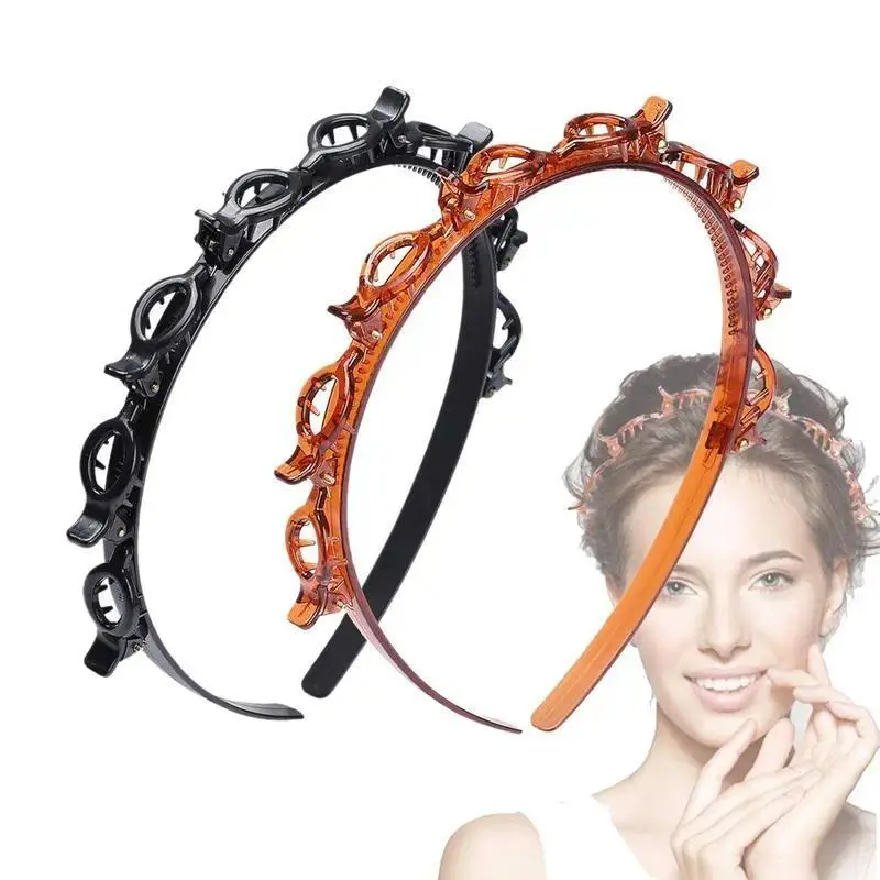 Women's 2-Piece Toothed Bangs Headband & Hairpin Set - Non-Slip Braid Tool, Accessories for Women, Dual-Color Twist Headbands, Securing Skeleton-Embellished Hairpieces (Black & Brown)
