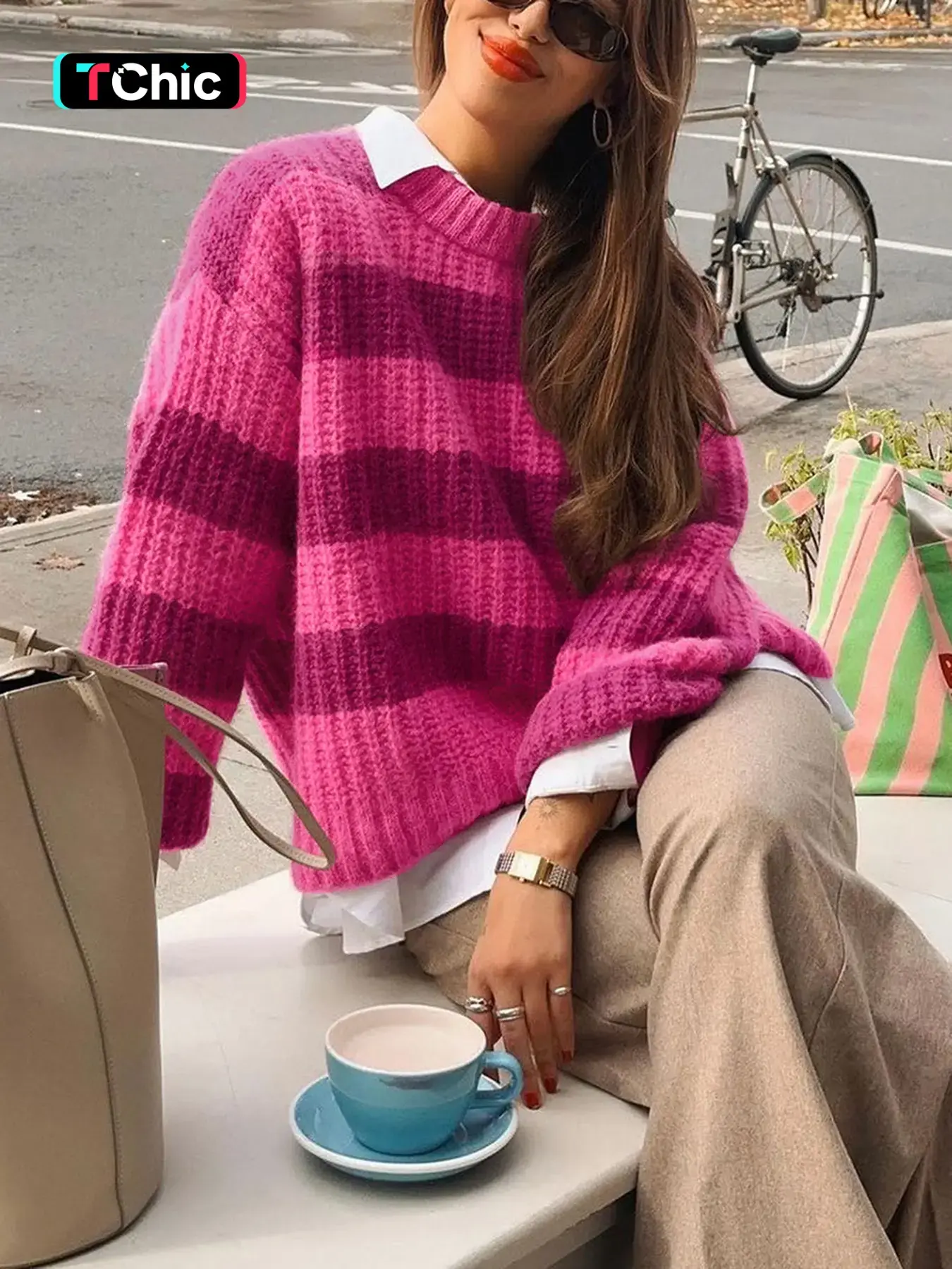 Women's Round Neck Colorblock Striped Knit Sweater, Long Sleeve Loose-Fitting Casual Pullover for Fall & Winter, Comfortable Daily Wear