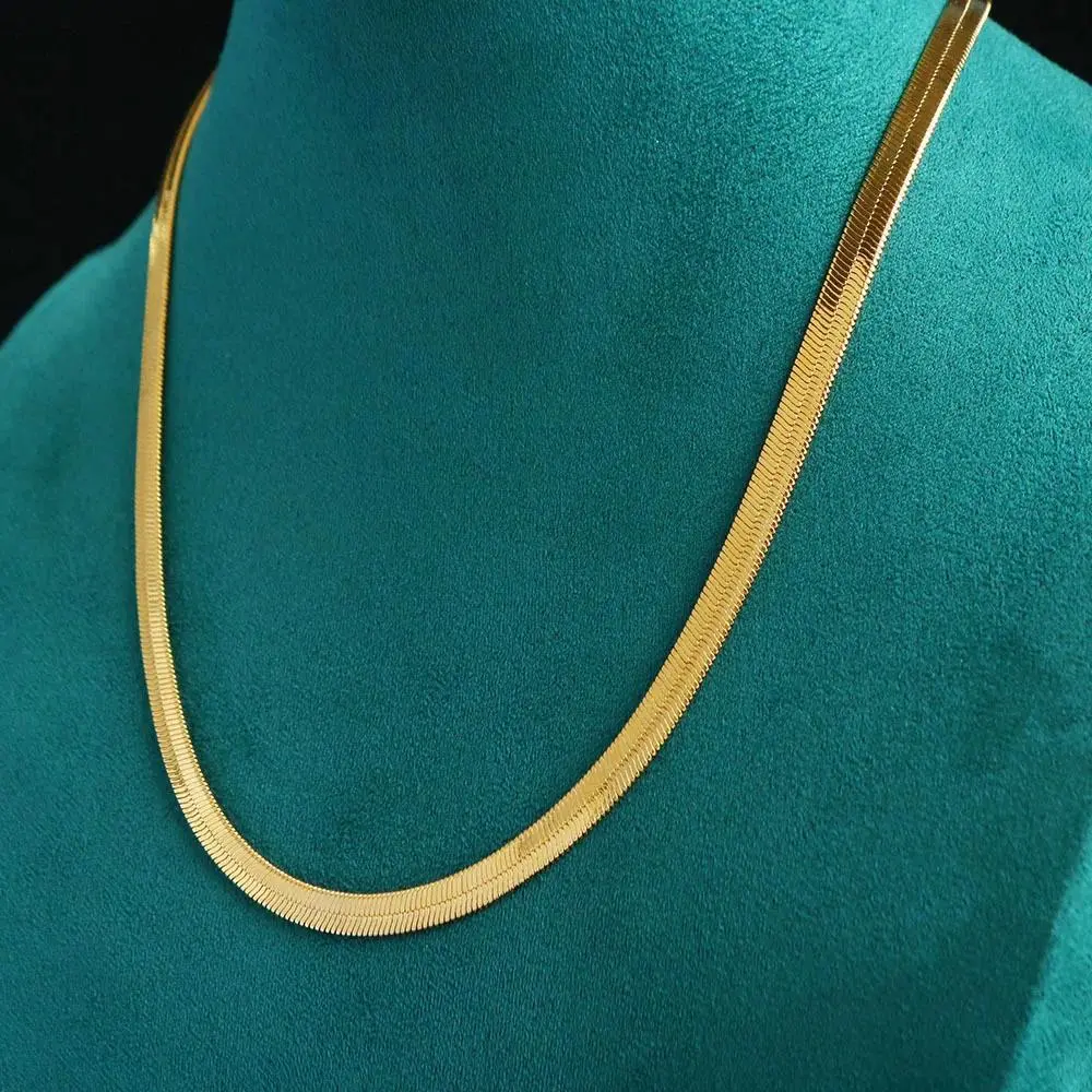 Luxury 24K 9999 Pure Gold real gold Women's Minimalist Fishbone Chain Necklace 45cm 50CM Flat Snake Bone Chain