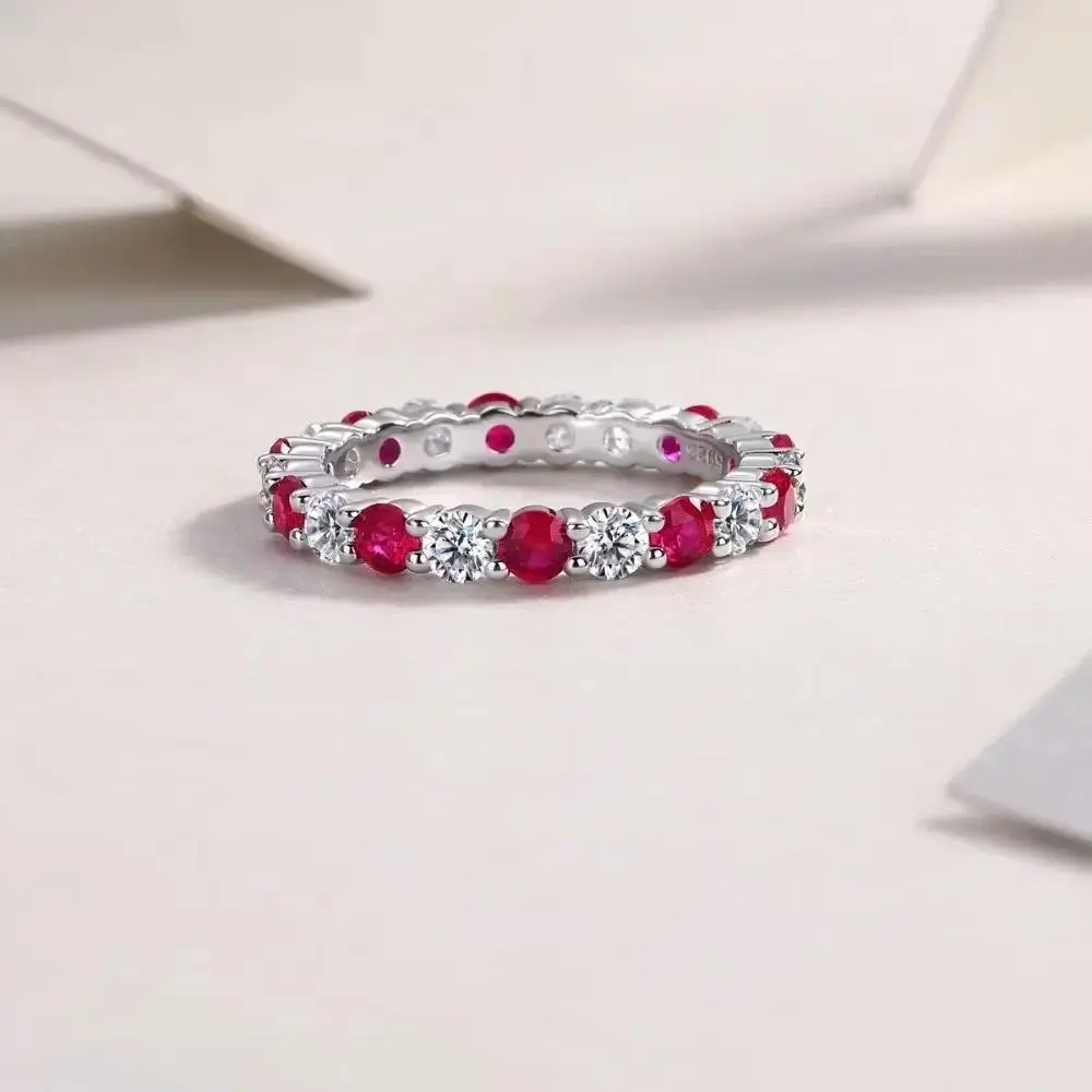 M-JAJA 3.5mm Moissanite Wedding Band Eternity Ruby/Sapphire/Emerald Ring for Women S925 Sterling Silver Gold Plated Fine Jewelry