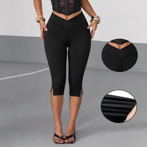 ASANDY Women's All-Season Breathable High Cross Anti-Roll V-Waist Yoga Pants - Tummy Control Knee-Length Workout Trousers, Athletic Fitness Leggings, Sportswear Activewear with Split Knee Hem for Yoga/Pilates