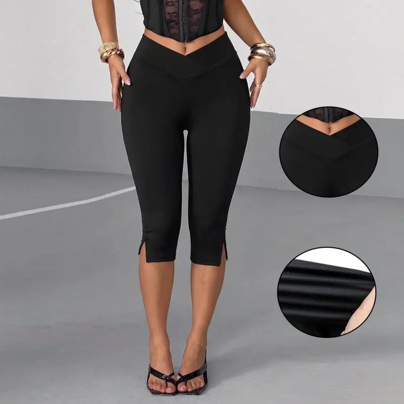 ASANDY Women's High Waist Split Hem Cropped Capri Leggings - Slim, Elastic, Breathable Activewear Bottoms, Capri Pants for Fitness, Gym Workout Sportswear