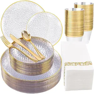 175 count Clear  Plastic Dinnerware Set, Plastic Plates Disposable Hammered Disposable Plates for Party, Include: 25 Dinner Plates 25 Dessert Plates 75  Silverware 25 Napkins 25 Cups