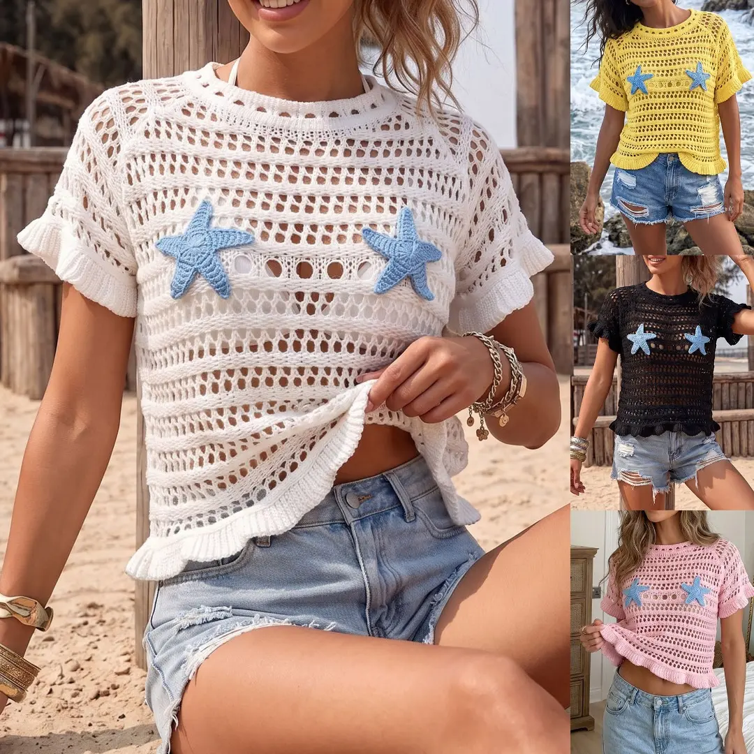 Women's Casual Short-Sleeve Knitwear Top - Hand-Crocheted Solid Color Starfish Hollow Design for Seaside Beach Wear, Shortsleeve, Tops, Blouse Top
