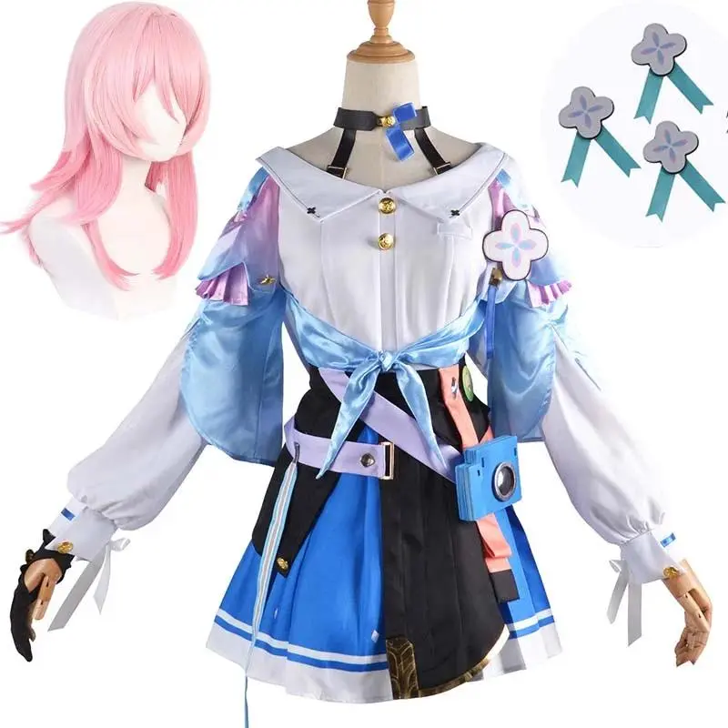 March 7th Cosplay Costume Set - Plus Size, 55cm Top, Skirt, Velcro Closure, Bust-Focused Sizing, Adjustable Apron, Comic Con Look Festive Party Supplies - Costume Only(No Wig)