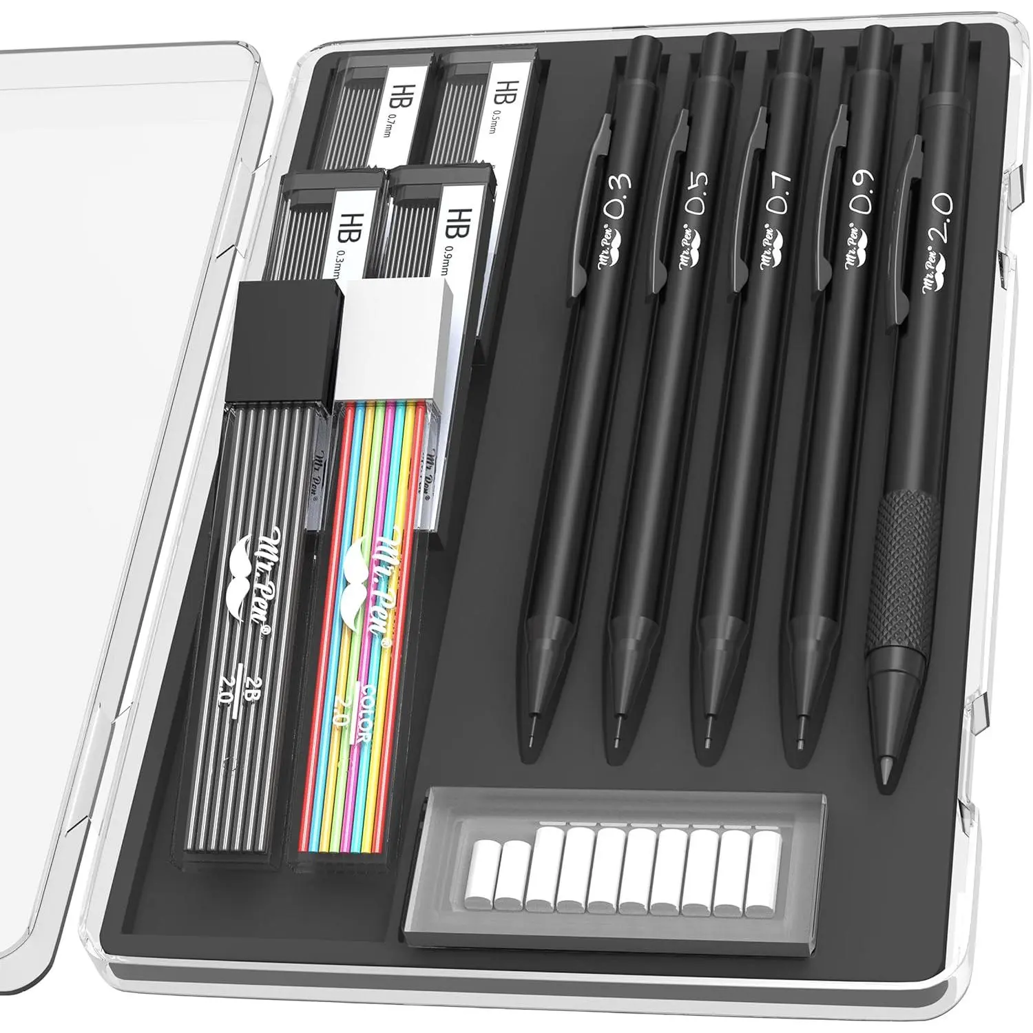 Metal Body Mechanical Pencils Set (5-Pack with 5 Sizes: 0.3/0.5/0.7/0.9/2mm) – Stationery Writing Tools with 6x HB/2B/Colored Lead Refills & Erasers for Office/School Note Taking, 5 Sizes Incl., Set Pack
