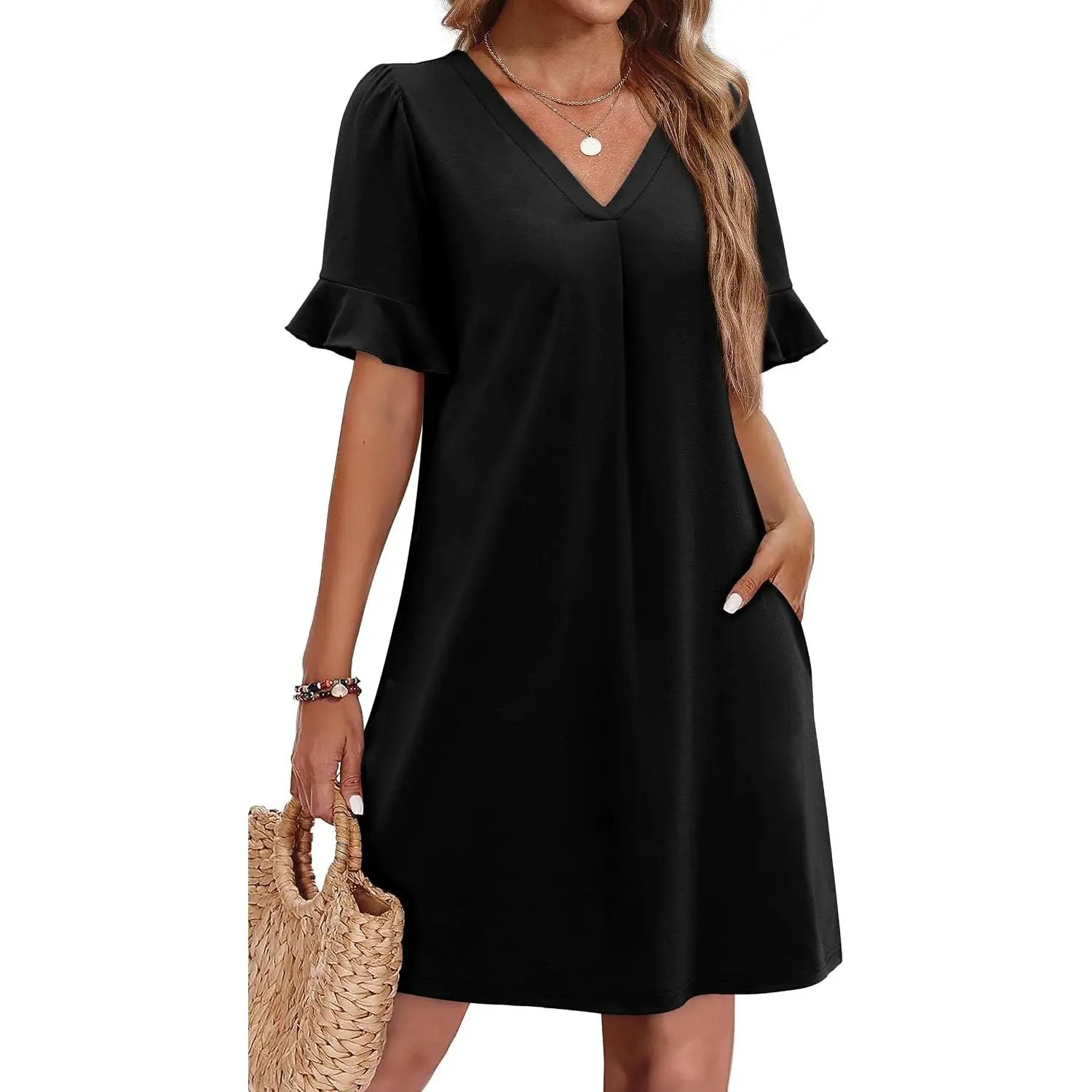 Women's Summer Ruffle Short Sleeve V-Neck Shift Dress with Pockets - Lightweight Casual Flowy Sundress Perfect for Daily Wear Beach Party
