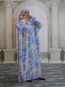 New Muslim Women's Headscarf Integrated Soft Breathable Prayer Dress, Elegant Floral Print Long Robe, Casual All-Season Fashion, Classy Modest Dresses
