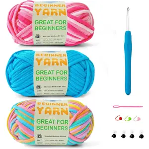 3 * 50g/1.76oz Yarn for Crocheting and Knitting, 3 * 60yds Beginner Yarn with Easy-to-See Stitches; Worsted-Weight Medium #4;Amigurumi-Friendly Crochet Kit(Petal+Blue+Merry )