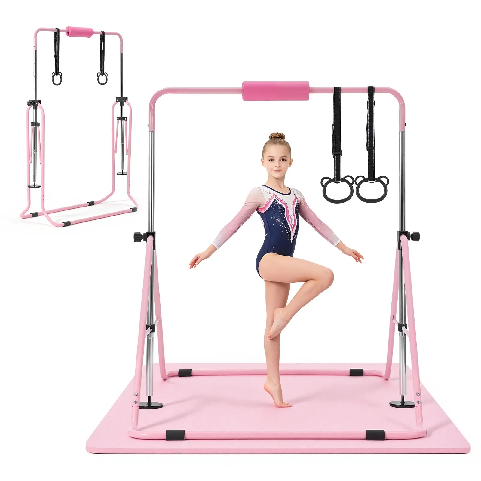 VEVOR Gymnastic Bars for Kids, 140 lbs Capacity Folding Training Kip Bar with Mat, Adjustable Height Gymnastic Horizontal Bar for Home, Training Equipment for Indoor Outdoor, Easy to Assemble, Pink