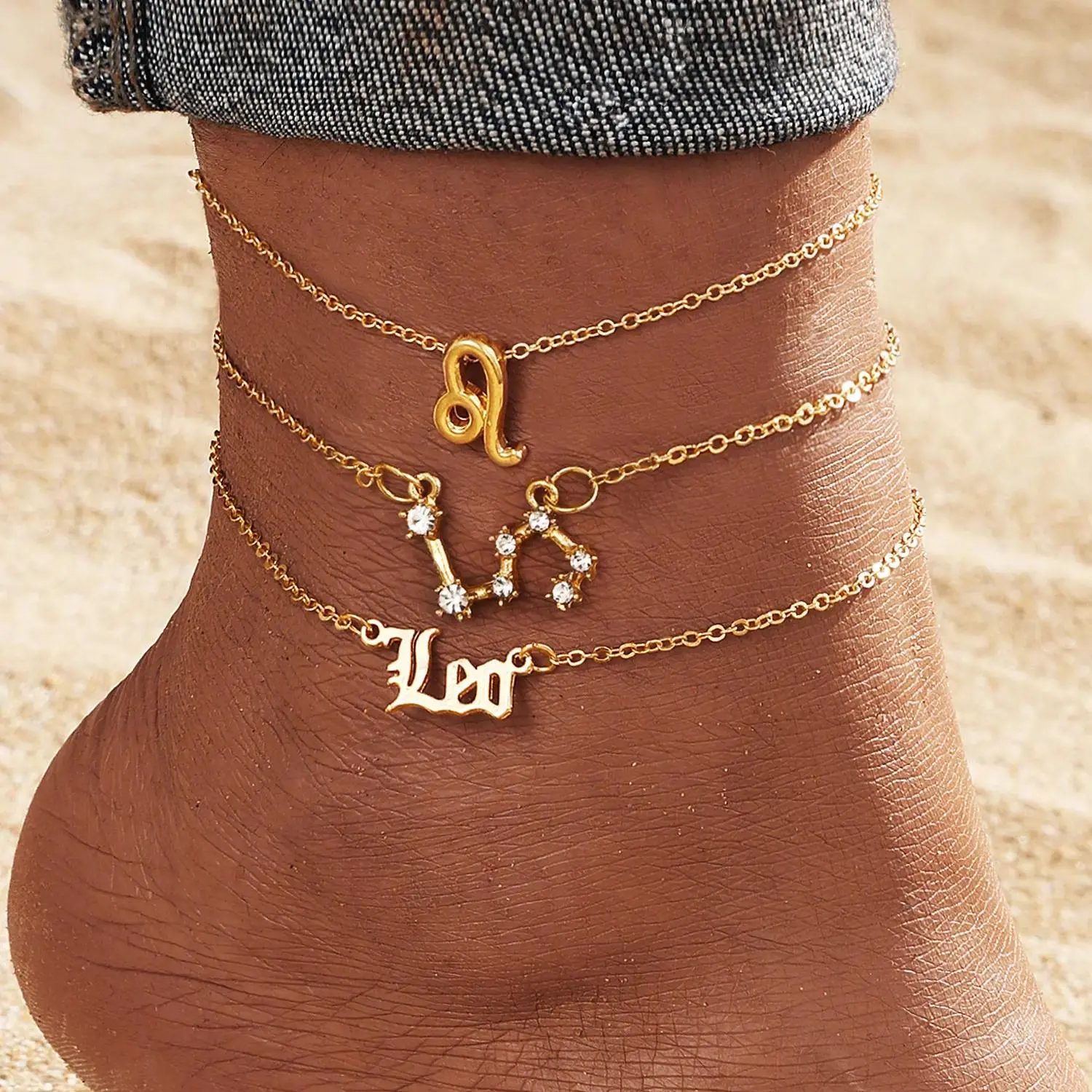 Gold Layered Anklet Set for Women, Zodiac Charm Anklets with Rhinestones Gold Layered Anklet Set for Women, Zodiac Charm Anklets with Rhinestones