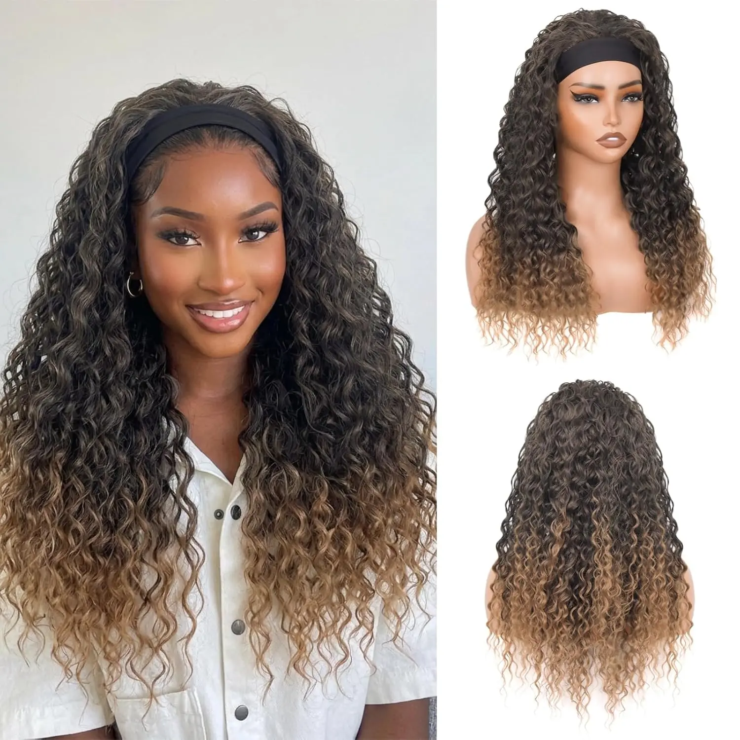 Curly Headband Wig for Women, 20 Inch Wear and Go Glueless Wigs Deep Wave Wig Half Wig As Human Hair with 1 Headband, 180% Density Synthetic Wigs  Lace Front (T30#)