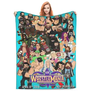 Cozy WrestleMania 2018 New Orleans Full WWE Superstar Cartoon Portrait Flannel Blanket, Soft Warm Retro Teal Background Wrestling Legend Themed Flannel Throw for Couch, Office, Bed, Camping & Travel, Versatile All-Season Skin-friendly Lightweight Blanket
