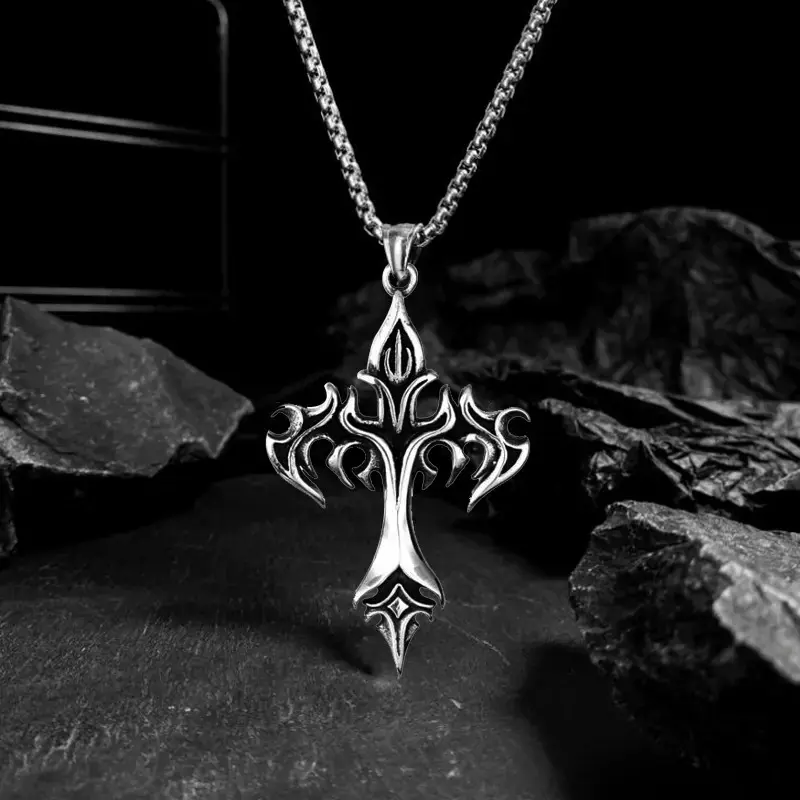 Retro Flame Cross Pendant Necklace for Men, Gothic Heavy Metal Style Fashion Accessory with 60cm Chain, Men's Accessories, Cross Necklace, Necklaces