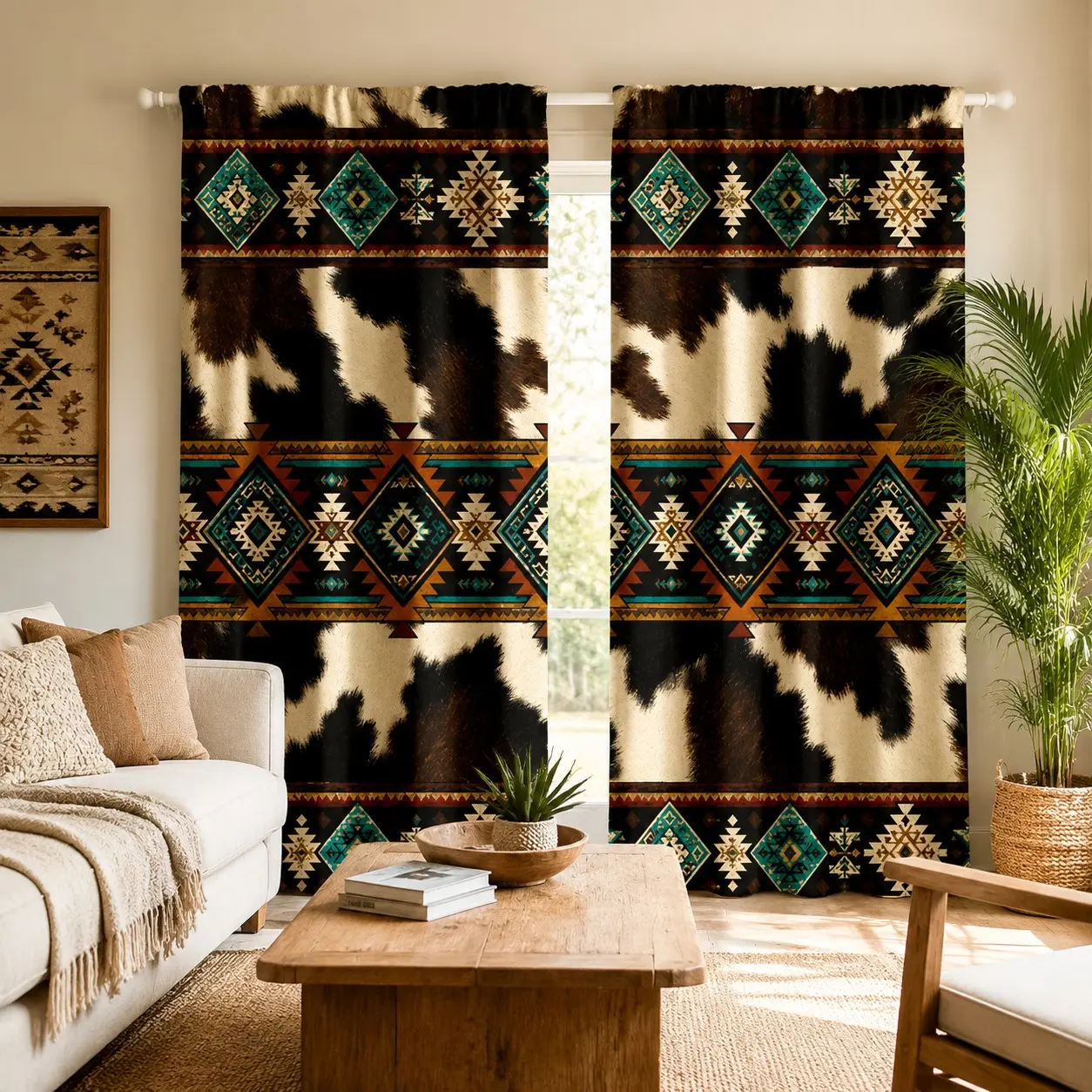 2-piece Western Ranch-style patterned curtain with animal motif and tribal design. Rod bag curtain. High-definition digital printing. Hand washable and machine washable. Hookless. Suitable for living room, bedroom and party home decoration.
