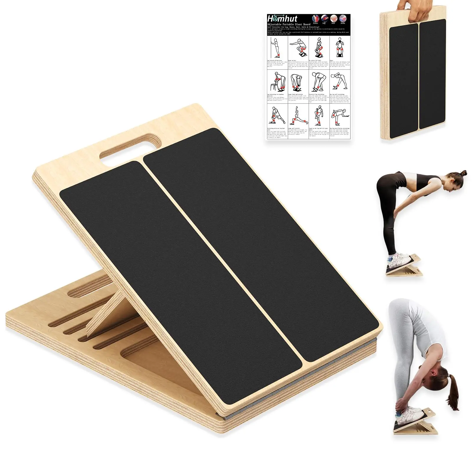 Homhut Adjustable Incline Wooden Slant Board Calf Stretcher for Squats, Pilates, Post-Workout Relief, Home Gym Ankle Heel Feet Leg Exercise Equipment