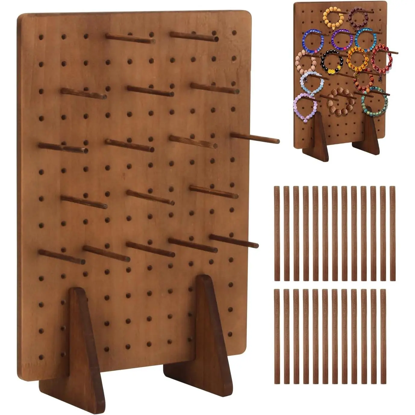 Rectangle Pegboard Display Stand with 25 Pcs Dowel Rods, Pegboard Accessories Rack, Keychain Jewelry Display Stand for Vendors, Pegboard Stand for Jewelry, Craft Shows, Necklace Pin, Earrings (Brown)