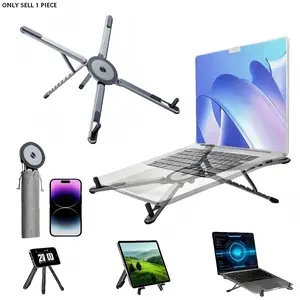 Ergonomic foldable aluminum laptop stand, 3-in-1 design for laptops, tablets and cell phones with 8 adjustable height levels. Fits 13–17 inch notebooks, tripod-compatible for both desktop placement and handheld use.