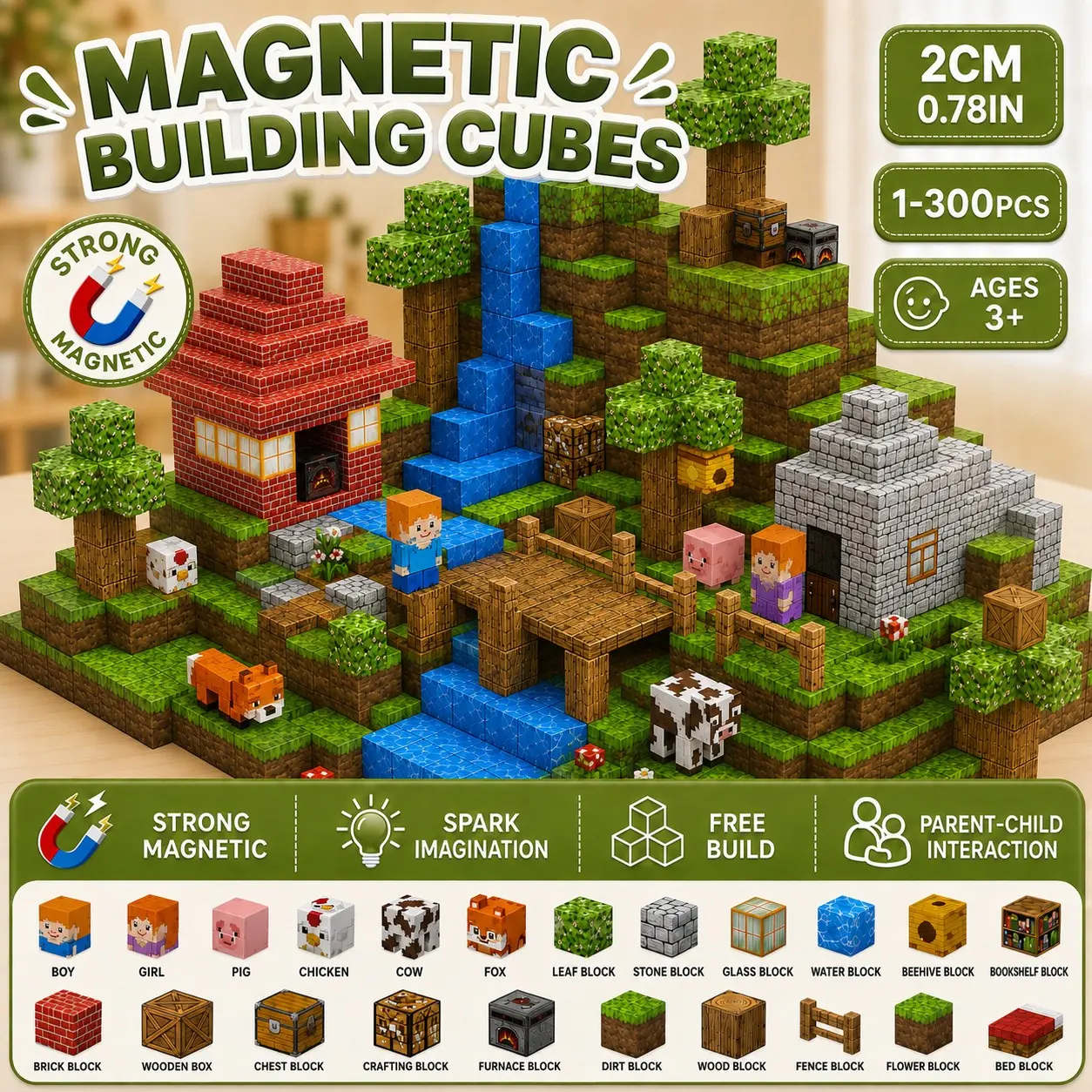 100 Magnetic Building Blocks Toy, Animal Home DIY Cube Stem Sensory Toy, Perfect Christmas Birthday Gift for Kids Ages 3-10