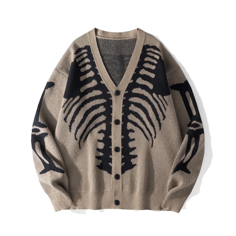 Men's Skeleton Print Button-Front Knitwear Top - Long Sleeve V-Neck, Loose Drop-Shoulder Regular Fit, Soft Menswear Pullover, Spooky Men's Cardigan, Multi-Size, Casual Halloween Fall Wear Men's Skeleton Print Button-Front Knitwear Top - Long Sleeve V-Neck, Loose Drop-Shoulder Regular Fit, Soft Menswear Pullover, Spooky Men's Cardigan, Multi-Size, Casual Halloween Fall Wear