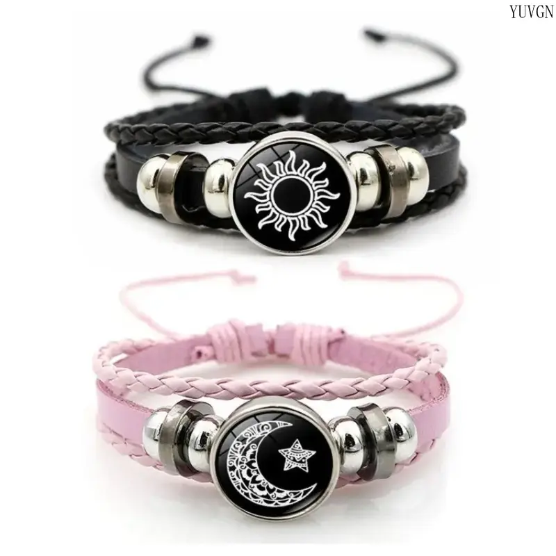 Vintage Punk Sun & Moon Bracelet for Women, Multi-Layer PU Leather Band with Beads & Glass Sheet, Adjustable 17cm + 5cm, Individually Packaged Birthday Gift for Moon Lovers, Bangle, Female, Perfect Pair, Girlfriend Birthday Gift