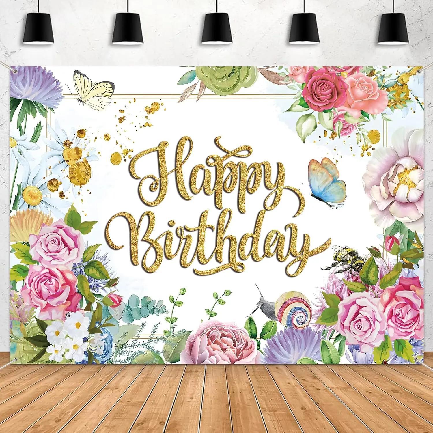 Flower Decoration Backdrop for Women Girl Birthday Party Spring Butterfly Happy Birthday Photography Background Greenery  Wildflower Banner 7x5ft
