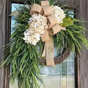 Champagne Color Artificial Hydrangea Willow Leaf Wreath, Home Decor, Wall Decoration, Spring Summer Autumn Seasonal Ornament