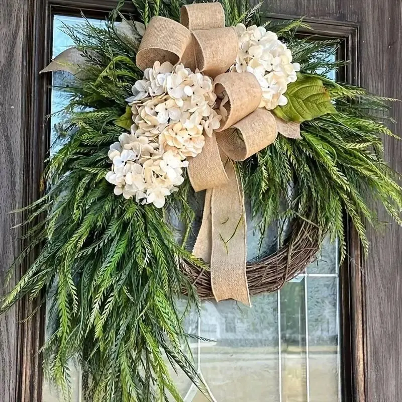 Champagne Color Artificial Hydrangea Willow Leaf Decorative Wreath, Home Decor, Wall Decoration, Spring Summer Autumn Seasonal Ornament, Decorations And Ornaments