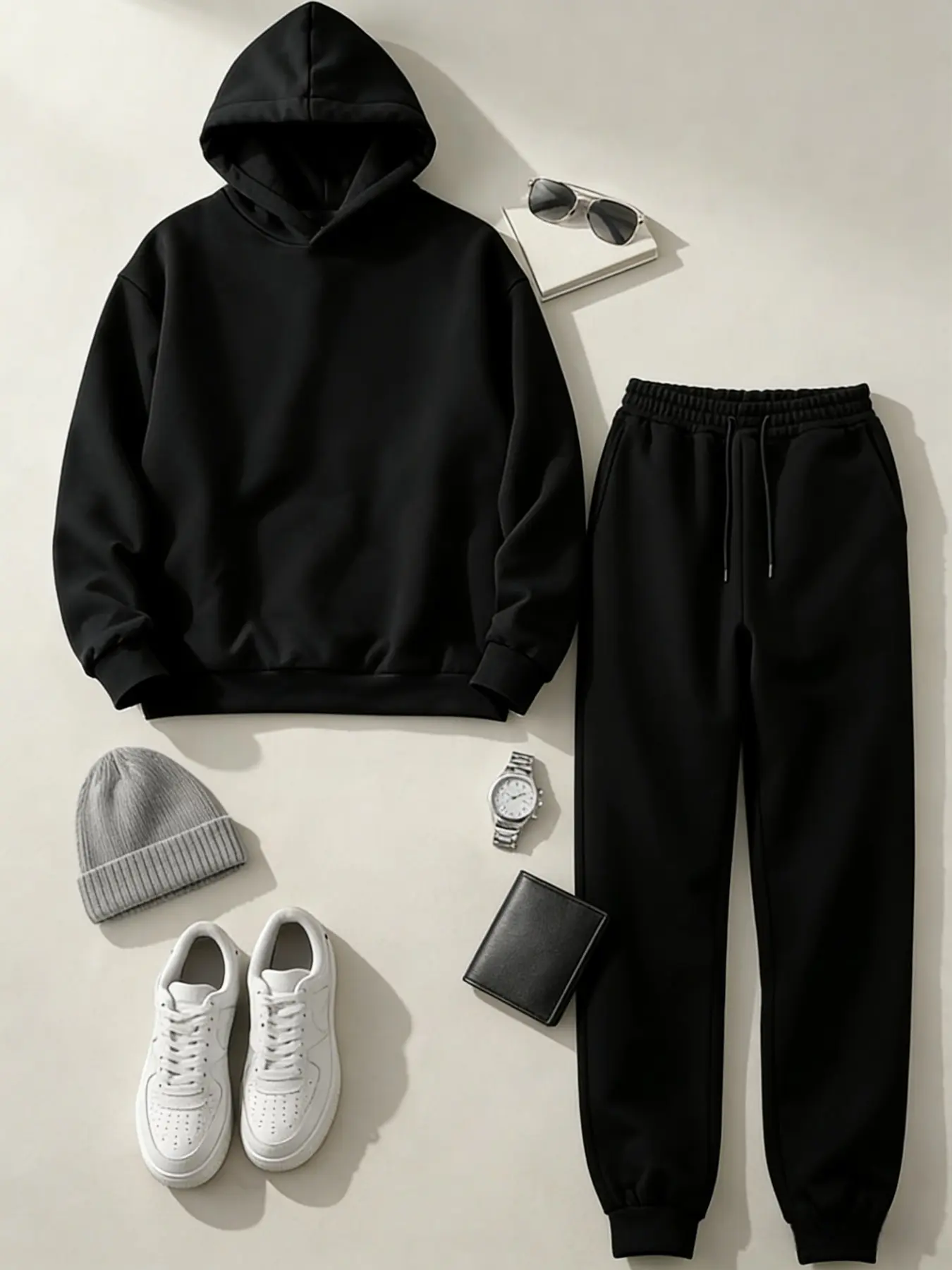 Men's Solid Color Loose Fit Hoodie and Sweatpants Two-Piece Set, Casual Sports, Comfortable and Stylish, Perfect for Daily Wear