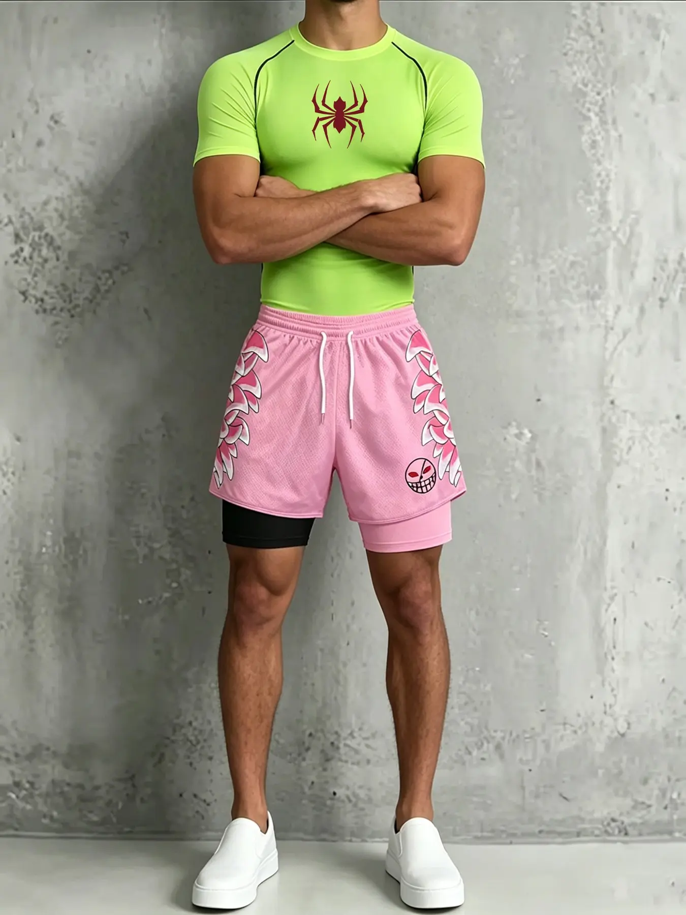 Men's Sports Fitness Suit Compression Short Sleeve T Shirt Pink Double Layer 2 in 1 Shorts Set Gym Workout Athletic Training Running Outfit Big Spider Silhouette Graphic Print