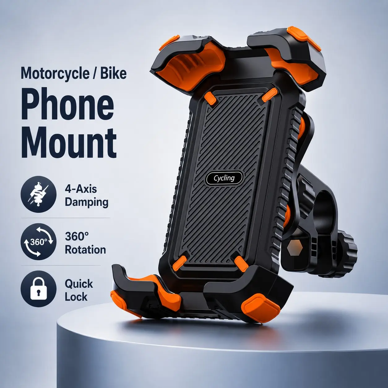 4-Axis Shockproof Motorcycle Phone Mount, Motorcycle Accessory, 360 Rotating One-Touch Lock Bicycle Handlebar Phone Holder, Quick Release Anti-Vibration Stand for E-Bike and Scooter