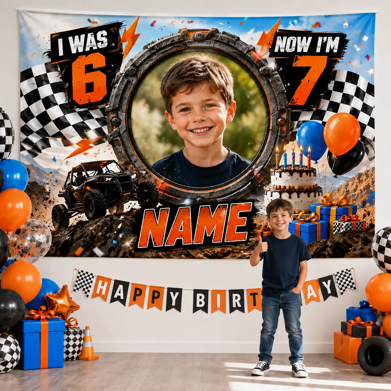 Personalized 7th Racing Birthday Backdrop, Custom Name Photo Checkered Flag Race Car Banner, Orange Blue Party Decor for Boys