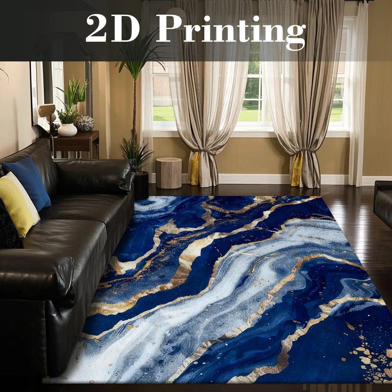 Local Delivery, Multiple Sizes Washable Non Slip Marble Fluid Area Rug for Living Room, Luxury Blue Gold Style Rug