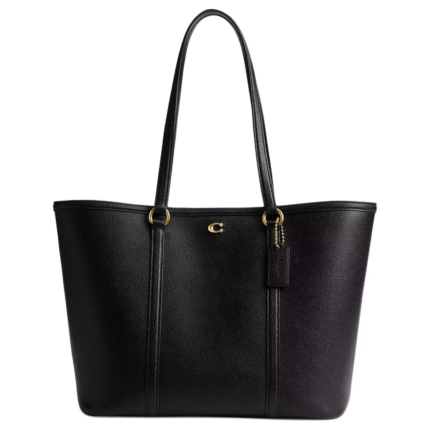 Coach Bolsa 28 Tote Bag for Women – Polished Pebbled Leather with Metal Logo Snap Closure, Large Black Handbag
