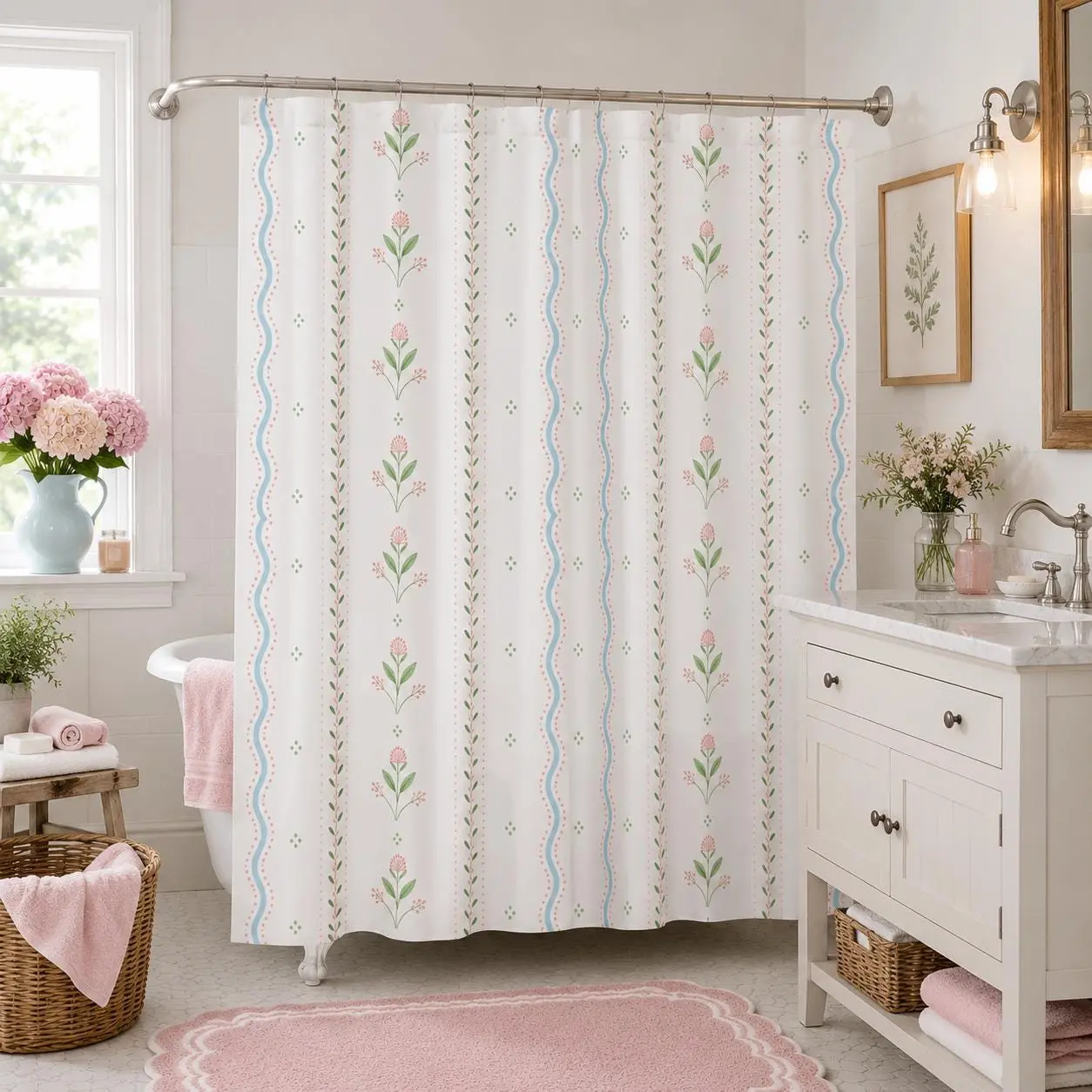 1/4pcs Pastel Floral Shower Curtain, Cottagecore Bathroom Decor, Pink Green Blue Watercolor Flower Curtain, Farmhouse Spring Bath Curtain